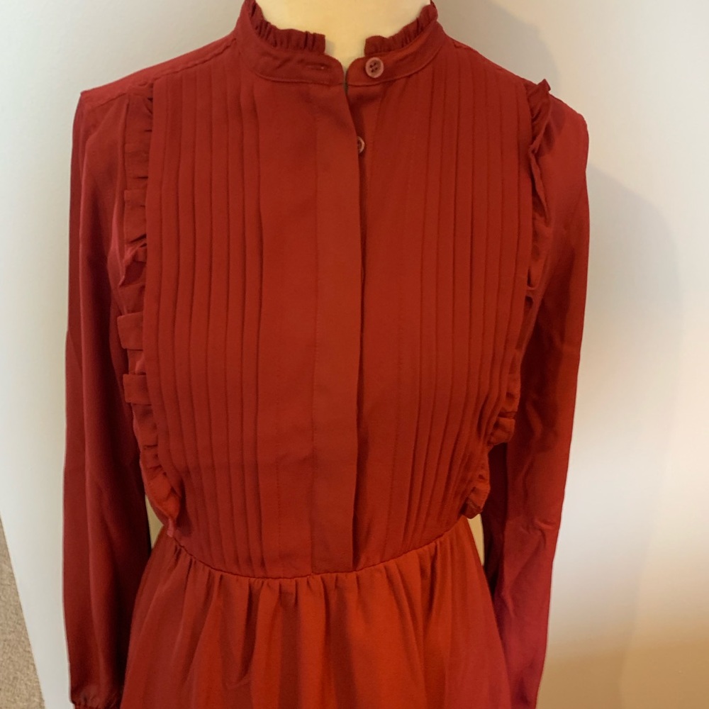 J crew burgundy Ruffle pintuck dress size 0 NWT